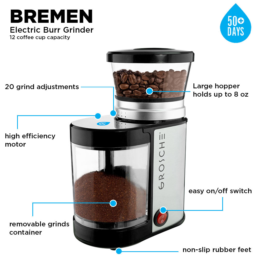 GROSCHE BREMEN Electric Burr Coffee Grinder, 20 Grind Settings - Pack of 4 - Grosche Wholesale Canada - coffee grinder
