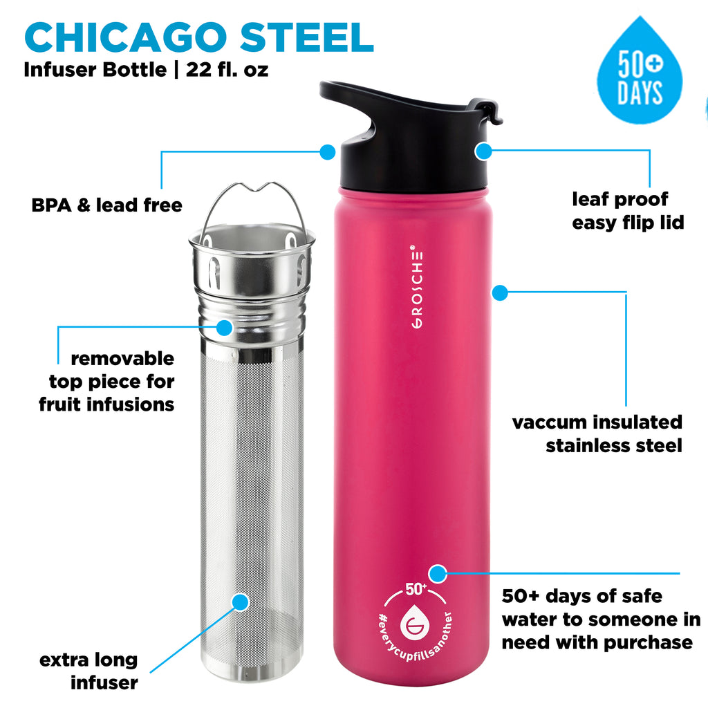 GROSCHE CHICAGO Steel Tea Infuser Bottle - Fuchsia Pink, Stainless Steel, 22 fl. oz - Pack of 4 - Grosche Wholesale Canada - Water Infuser