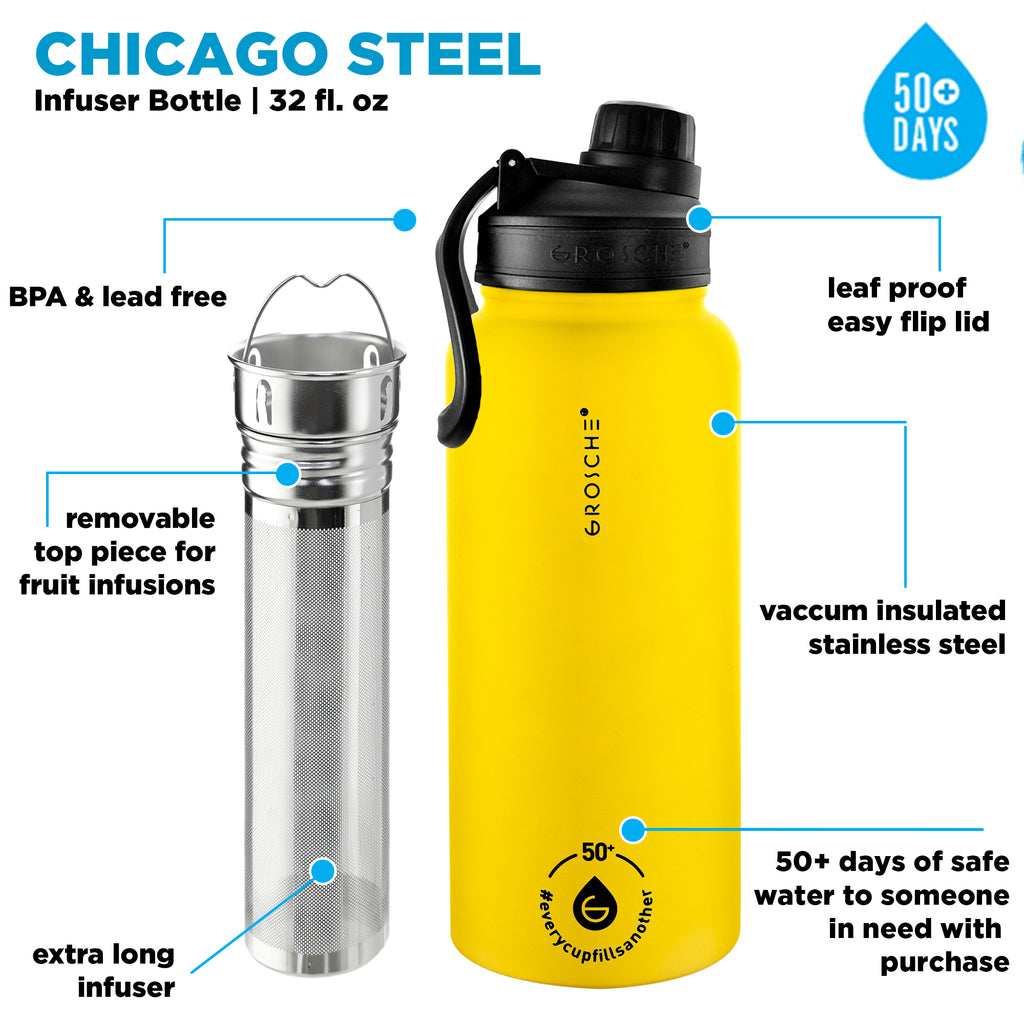 GROSCHE CHICAGO Steel Tea Infuser Bottle - Honey Yellow, Stainless Steel, 32 fl. oz - Pack of 4 - Grosche Wholesale Canada - Water Infuser