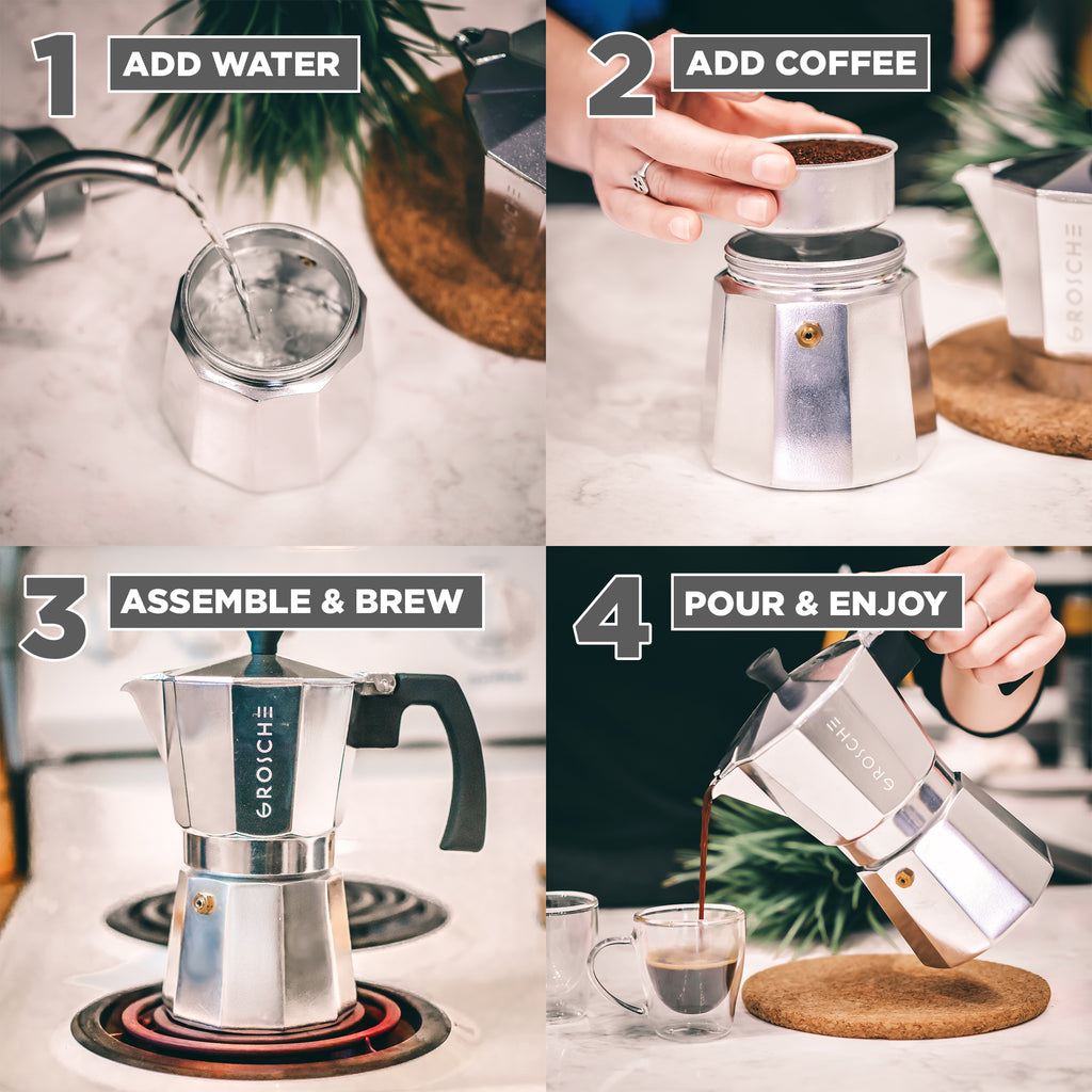 GROSCHE MILANO Stovetop Espresso Maker - Silver, avail. in 3 sizes, Pack of 4 - Grosche Wholesale Canada - Espresso coffee maker