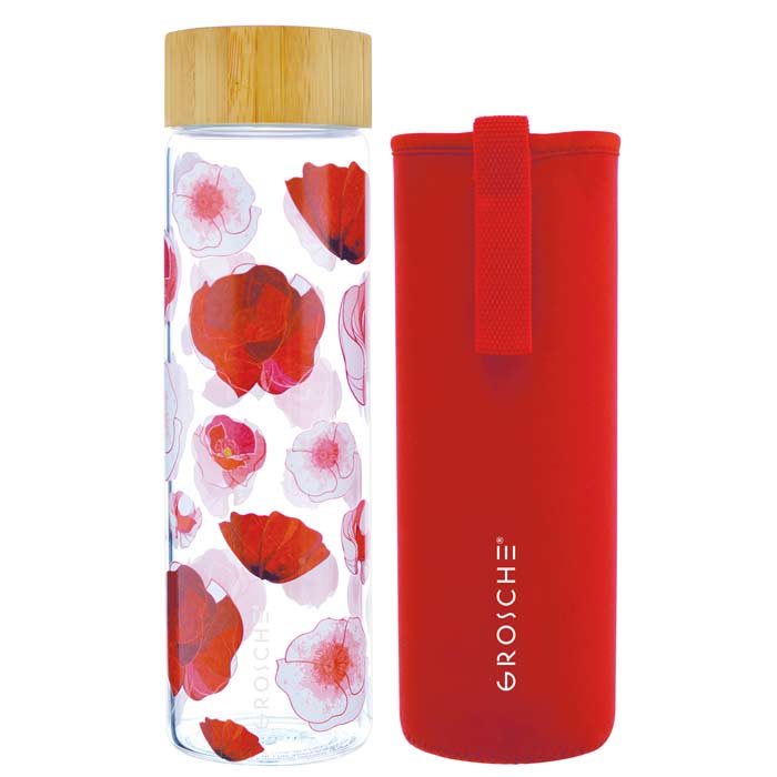 GROSCHE VENICE Glass Water Bottle - Red Poppy, 670 ml /22.6 fl. oz - Pack of 4 - Grosche Wholesale Canada - Water Infuser