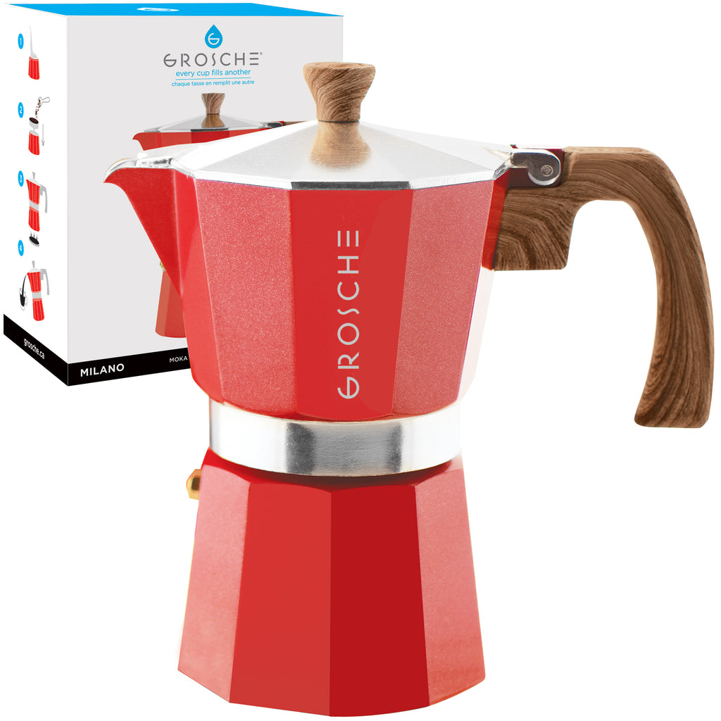 GROSCHE MILANO Stovetop Espresso Maker, Moka Pot - Red, avail. in 3 sizes, Pack of 4 - Grosche Wholesale Canada - Espresso coffee maker