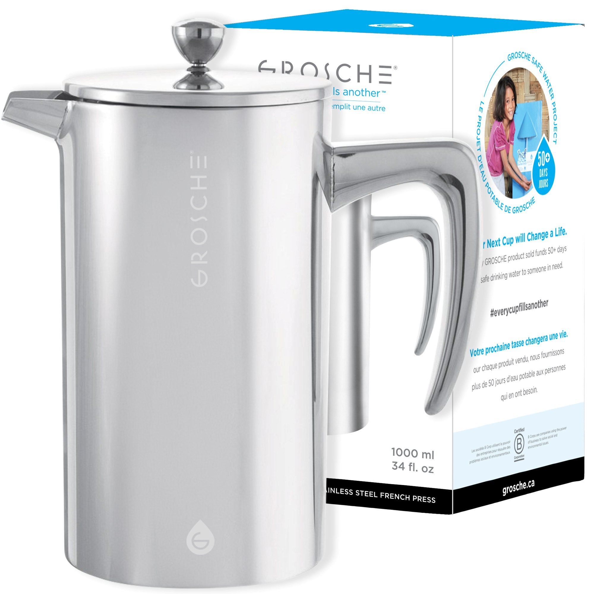 GROSCHE DUBLIN Stainless Steel French Press 1000ml/34 oz/8 cup Pack of