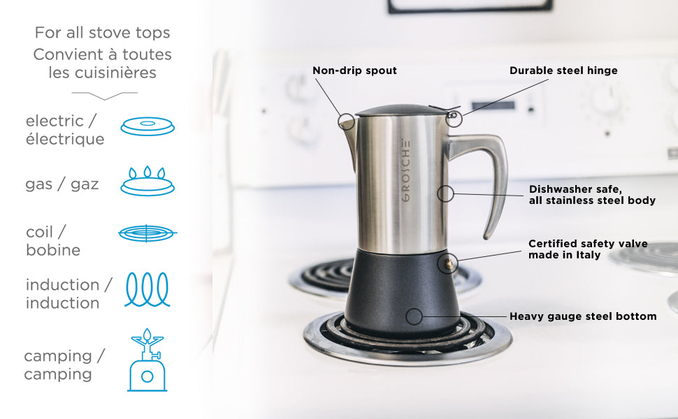 GROSCHE Milano Steel Moka Pot - 10 Cup Stovetop Espresso Maker For Induction & Gas Stoves