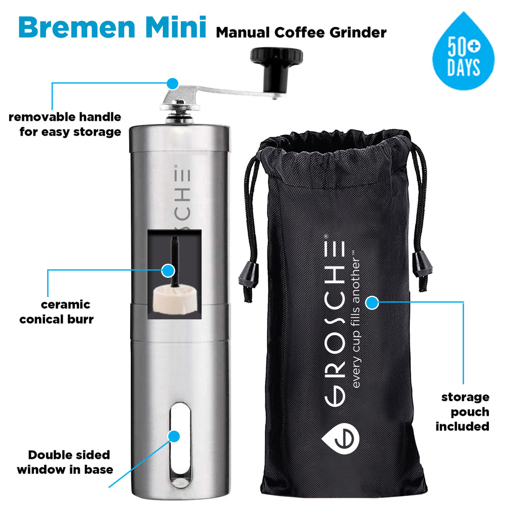 GROSCHE BREMEN MINI Travel Manual Burr Coffee Grinder, Storage Pouch - Pack of 4 - Grosche Wholesale Canada - coffee grinder