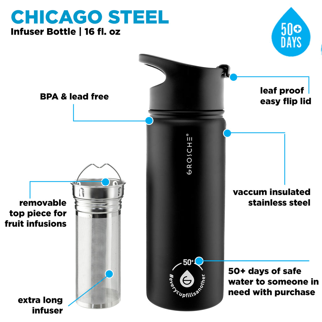 GROSCHE CHICAGO Steel Tea Infuser Bottle - Charcoal Black, Stainless Steel, 16 fl. oz - Pack of 4 - Grosche Wholesale Canada - Water Infuser