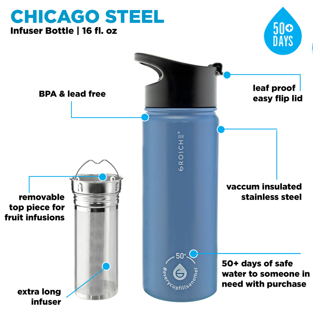 GROSCHE CHICAGO Steel Tea Infuser Bottle - Slate Blue, Stainless Steel, 16 fl. oz - Pack of 4 - Grosche Wholesale Canada - Water Infuser