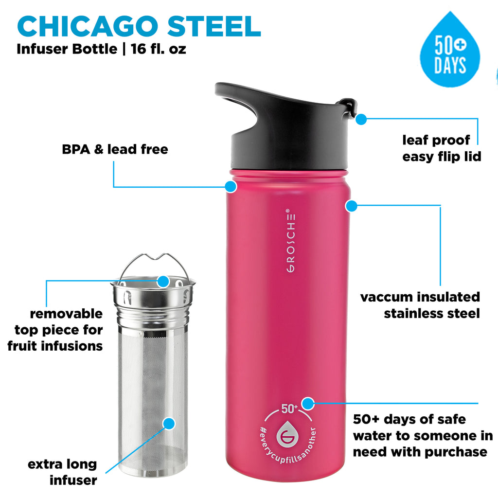 GROSCHE CHICAGO Steel Tea Infuser Bottle - Fuchsia Pink, Stainless Steel, 16 fl. oz - Pack of 4 - Grosche Wholesale Canada - Water Infuser