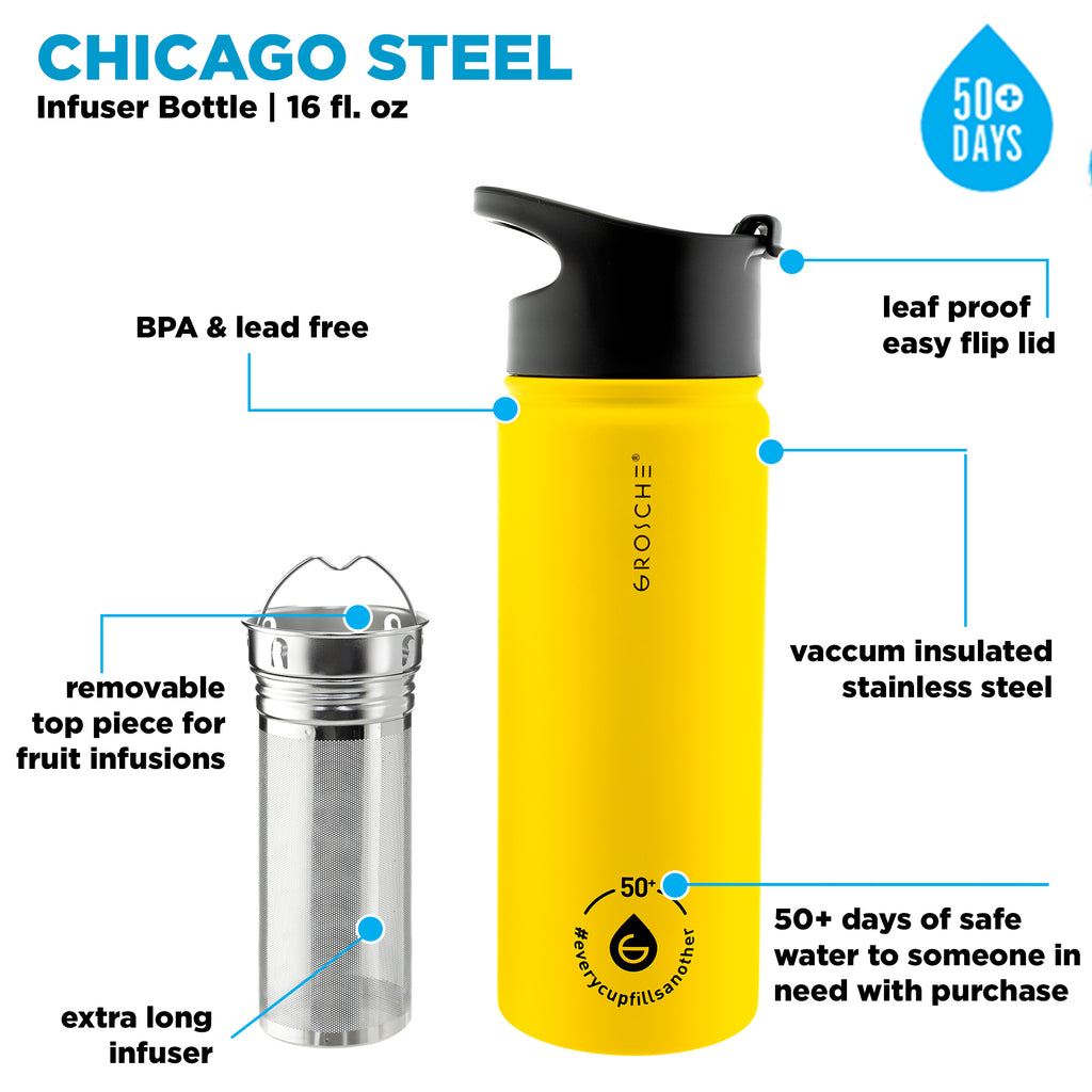 GROSCHE CHICAGO Steel Tea Infuser Bottle - Honey Yellow, Stainless Steel, 16 fl. oz - Pack of 4 - Grosche Wholesale Canada - Water Infuser