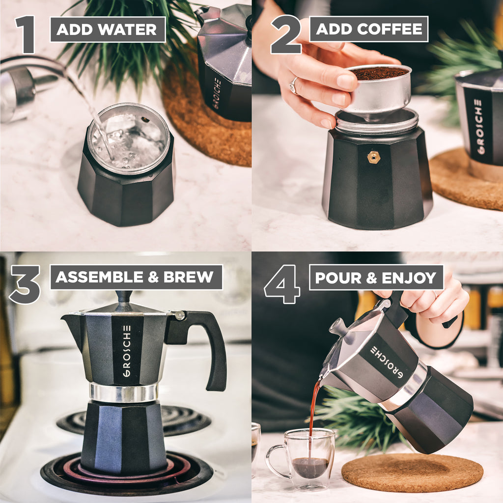 GROSCHE MILANO Stovetop Espresso Maker, Moka Pot  - Black, avail. in 5 sizes, Pack of 4 - Grosche Wholesale Canada - Espresso coffee maker