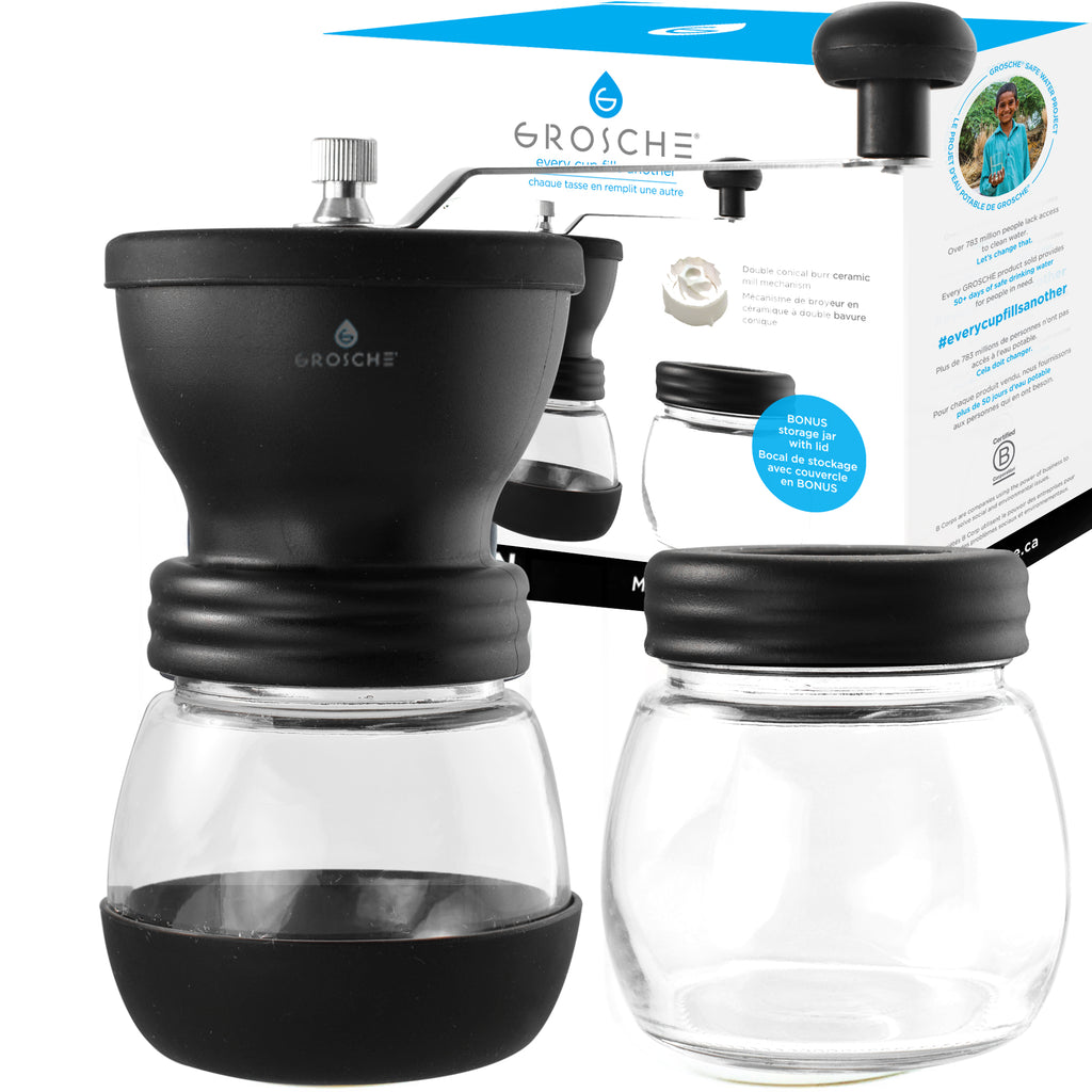 GROSCHE BREMEN Black Manual Burr Coffee Grinder with Extra Storage Canister - Pack of 4 - Grosche Wholesale Canada - coffee grinder