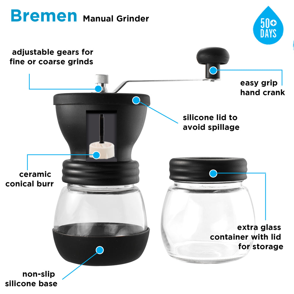 GROSCHE BREMEN Black Manual Burr Coffee Grinder with Extra Storage Canister - Pack of 4 - Grosche Wholesale Canada - coffee grinder