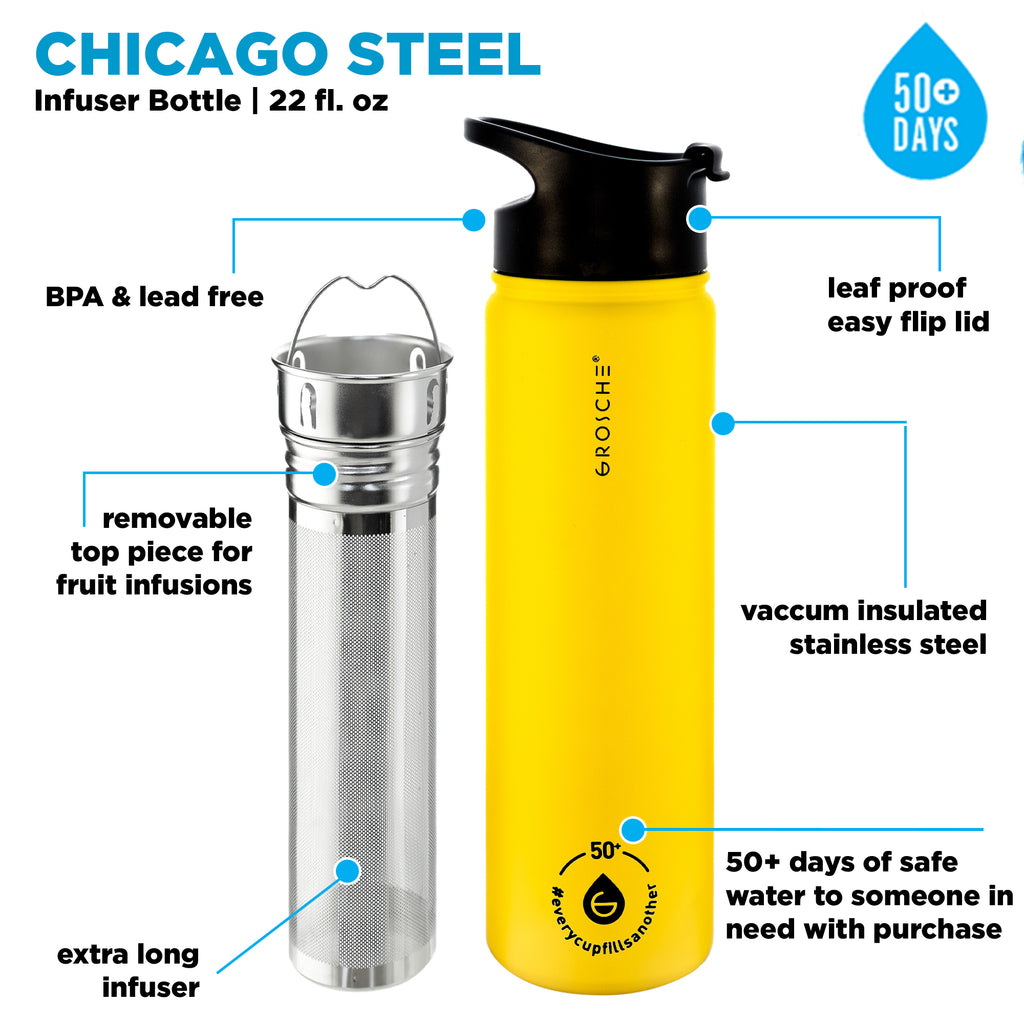 GROSCHE CHICAGO Steel Tea Infuser Bottle - Honey Yellow, Stainless Steel, 22 fl. oz - Pack of 4 - Grosche Wholesale Canada - Water Infuser
