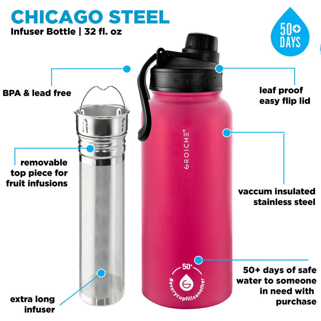 GROSCHE CHICAGO Steel Tea Infuser Bottle - Fuchsia Pink, Stainless Steel, 32 fl. oz - Pack of 4 - Grosche Wholesale Canada - Water Infuser