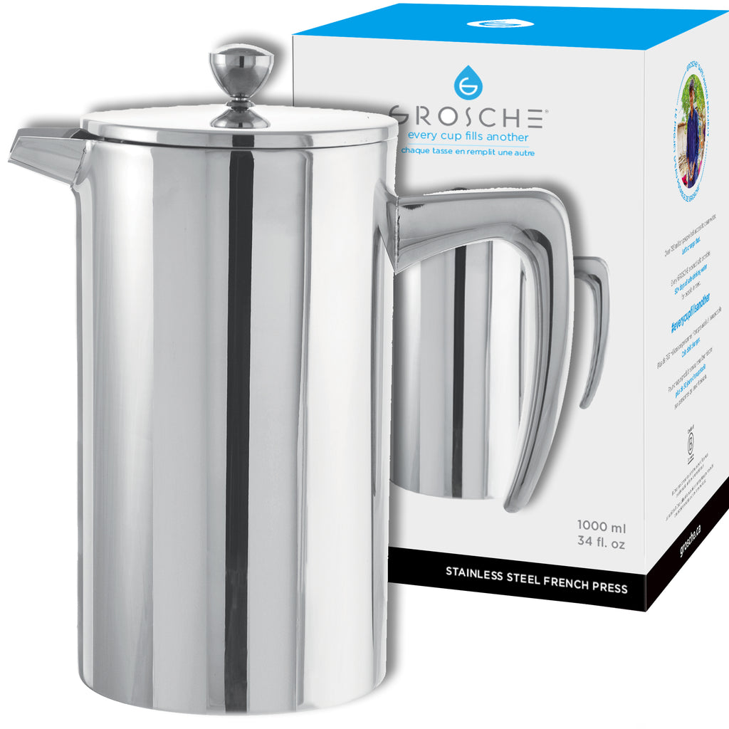GROSCHE DUBLIN Stainless Steel French Press - 1000ml/34 fl. oz/8 cup - Pack of 4 - Grosche Wholesale Canada - French Press