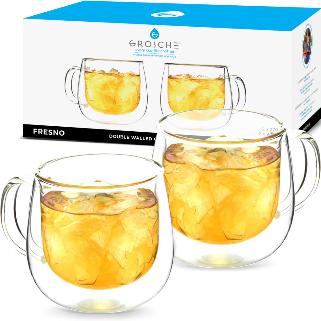GROSCHE FRESNO Double Walled Glass Mugs, 2 x 270ml per pack, Package of 4 - Grosche Wholesale Canada - 