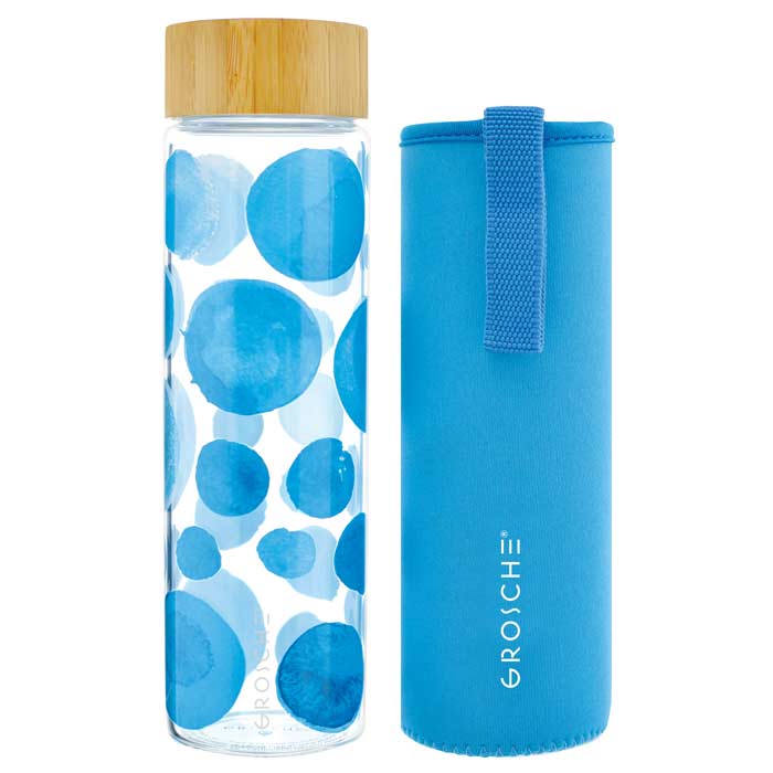 GROSCHE VENICE Glass Water Bottle - Blue Bubbles, 670 ml/22.6 fl. oz - Pack of 4 - Grosche Wholesale Canada - Water Infuser
