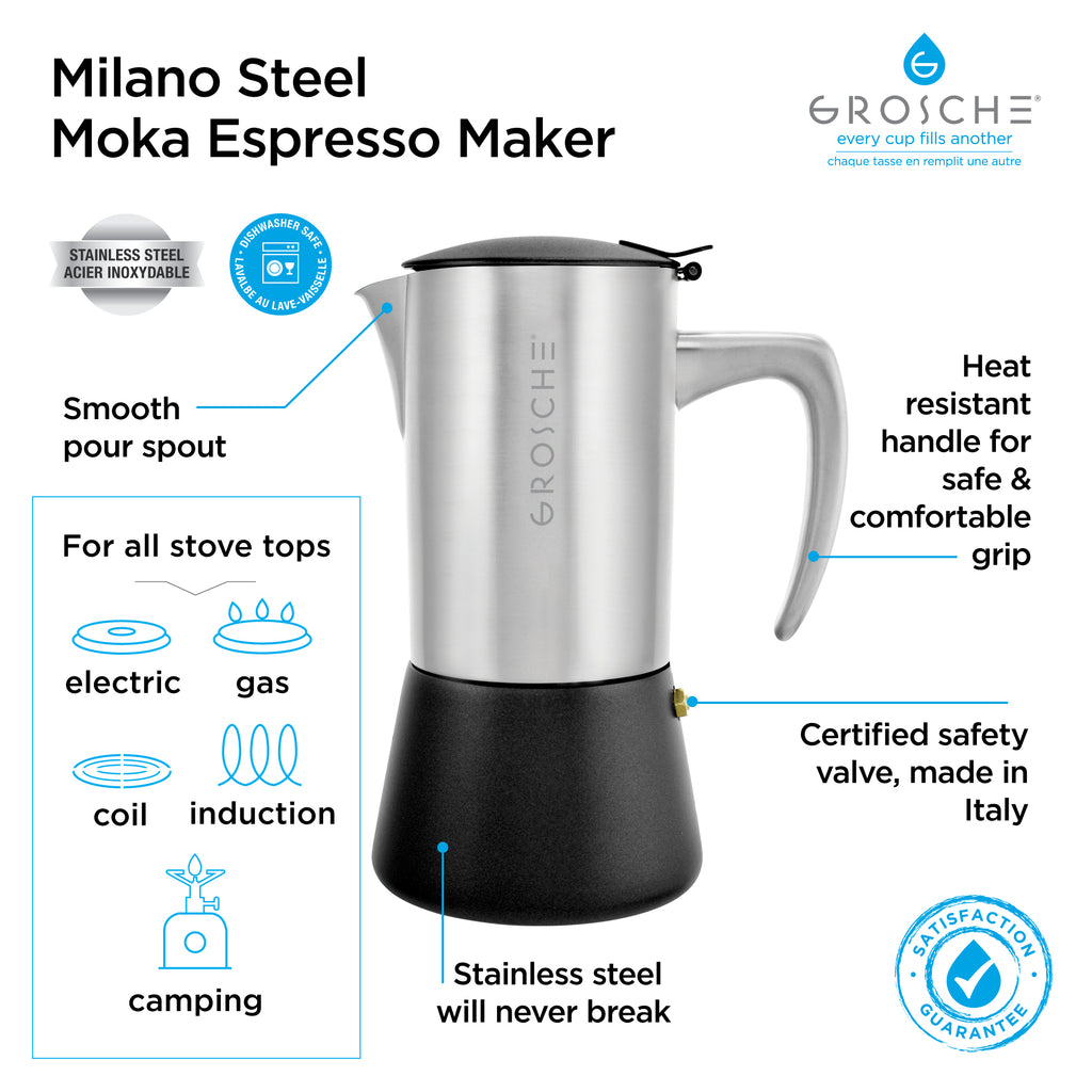 GROSCHE MILANO Steel Brushed Stovetop Espresso Maker - avail. in 2 sizes, pack of 4 - Grosche Wholesale Canada - Espresso coffee maker