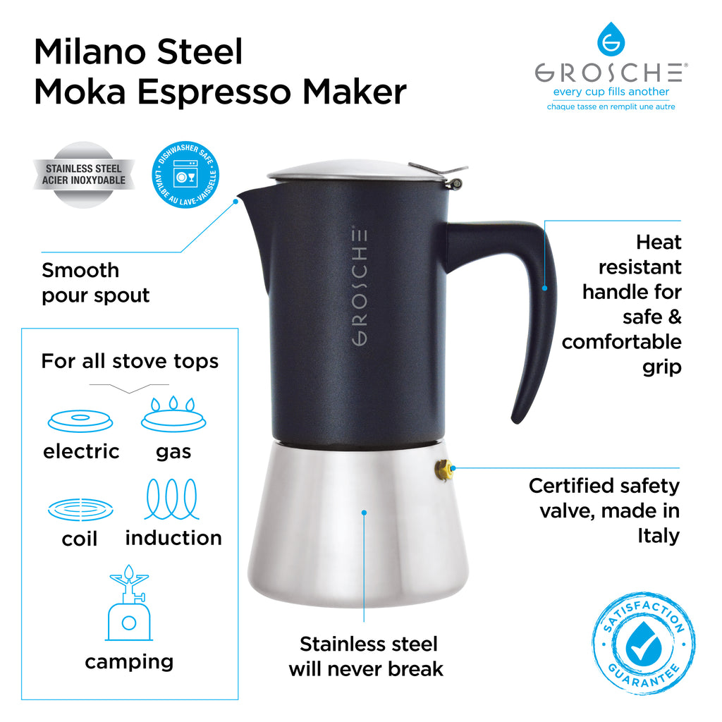 GROSCHE MILANO Steel Black Stovetop Espresso Maker - Avail. in 2 sizes, pack of 4 - Grosche Wholesale Canada - Espresso coffee maker