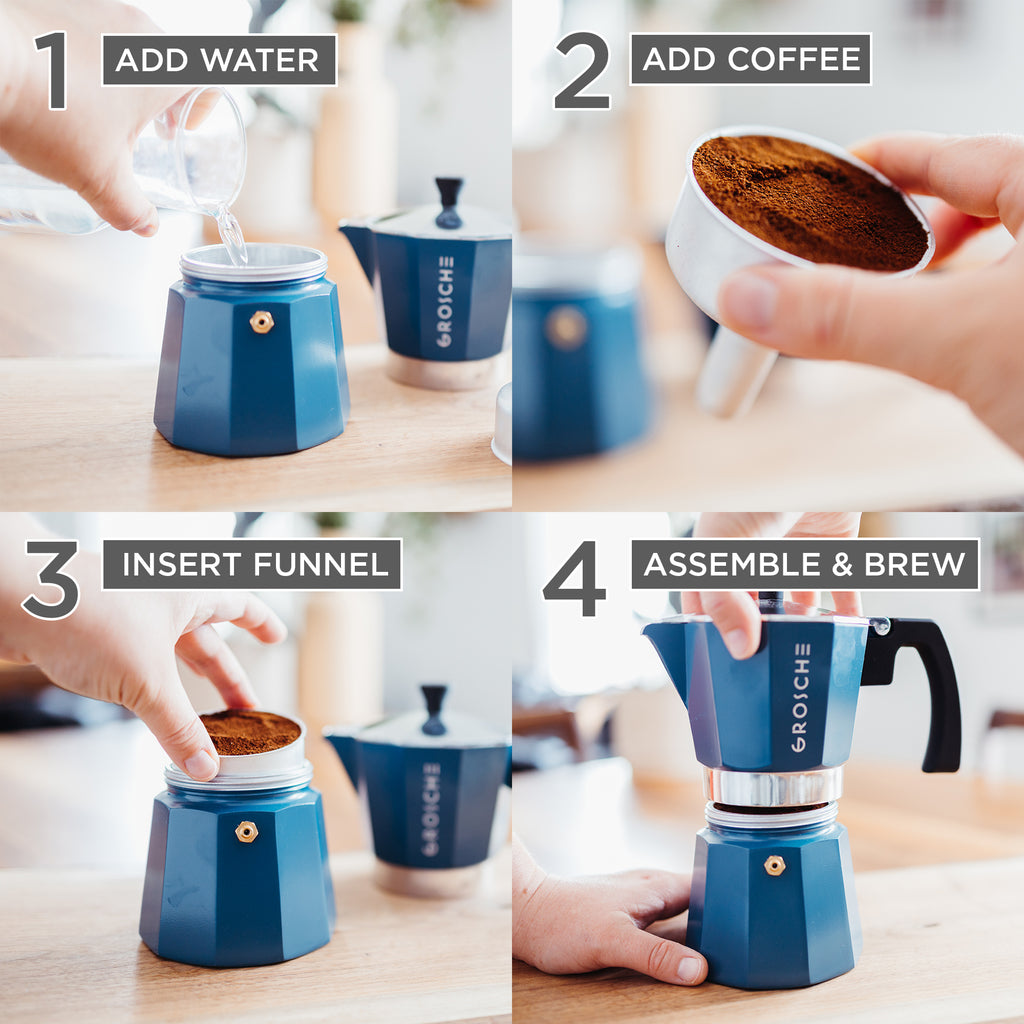 GROSCHE MILANO Stovetop Espresso Maker, Moka Pot  - Blue, 3 sizes, Pack of 4 - Grosche Wholesale Canada - Espresso coffee maker