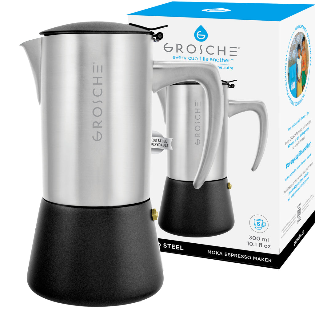 GROSCHE MILANO Steel Brushed Stovetop Espresso Maker - avail. in 2 sizes, pack of 4 - Grosche Wholesale Canada - Espresso coffee maker