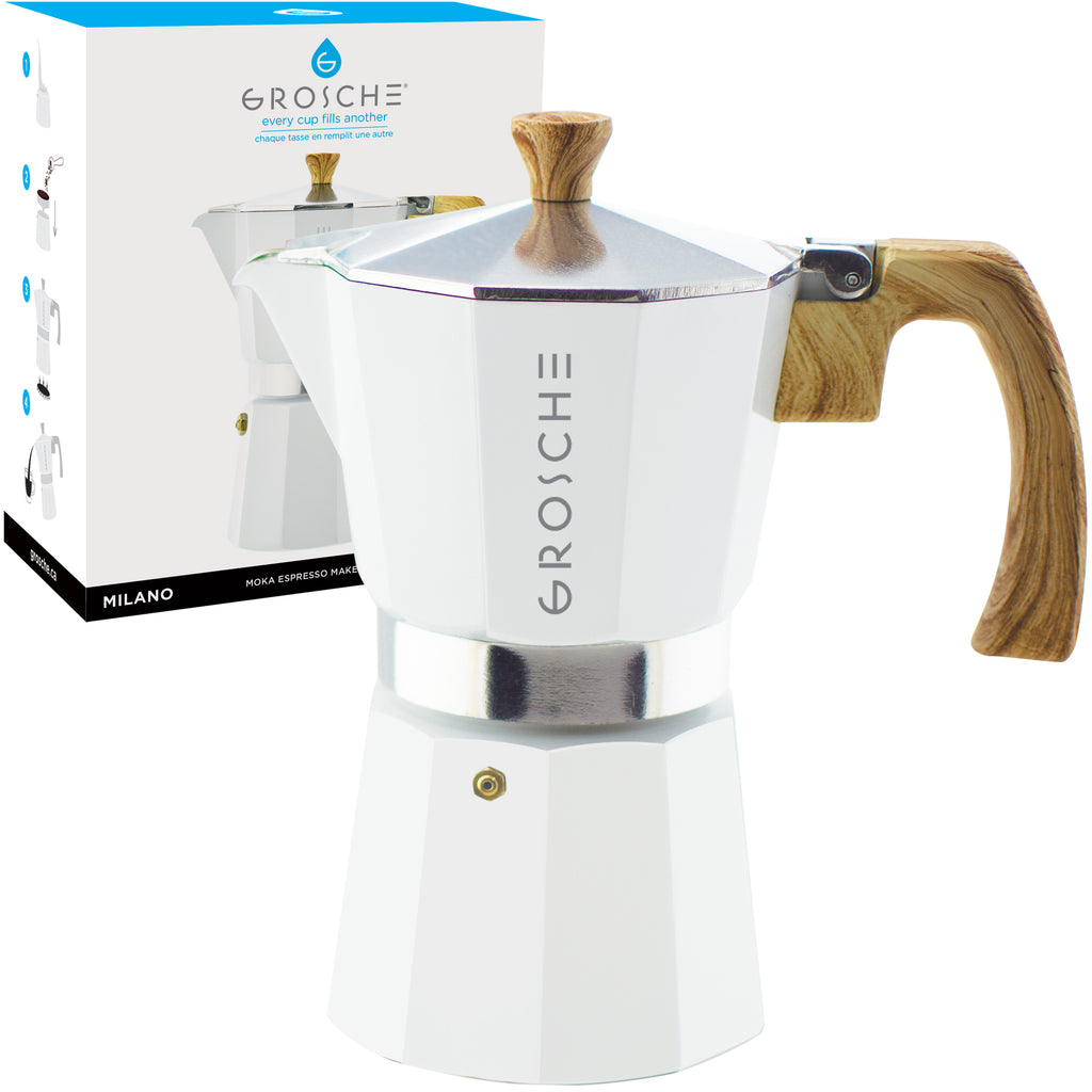 GROSCHE MILANO Stovetop Espresso Maker - White, avail. in 3 sizes, Pack of 4 - Grosche Wholesale Canada - Espresso coffee maker